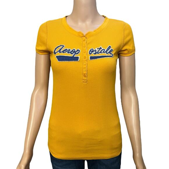 Y2K Aeropostale Logo Henley Tshirt Medium Short Sleeve Ribbed Knit Slim Fit - Picture 1 of 9